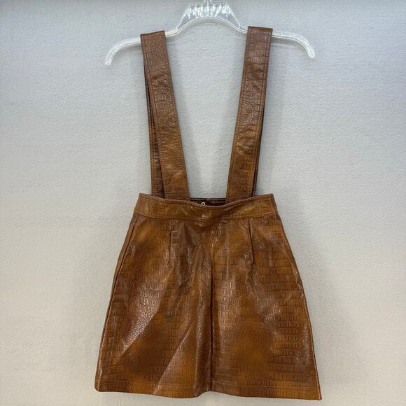 Zara Skirt Women's XS Brown Croc Embossed Vegan Leather Suspenders Miniskirt - Picture 2 of 10